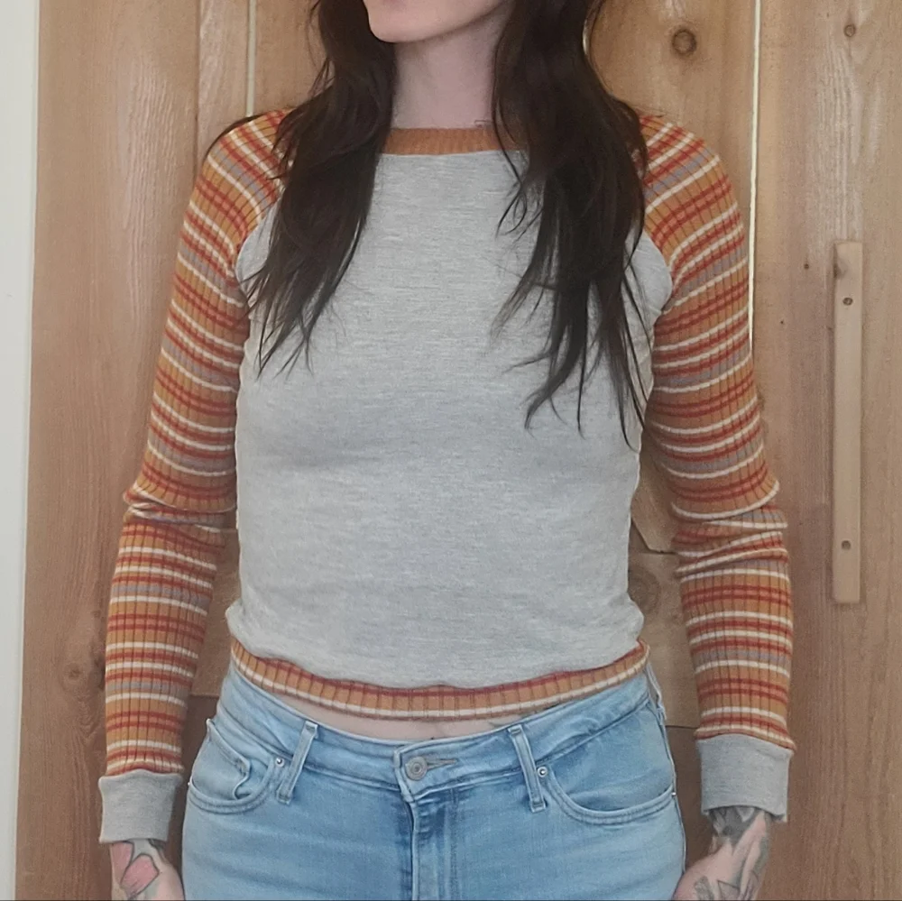 Handmade Retro Gray and Orange Striped Long Sleeve Top - Picture 1 of 6
